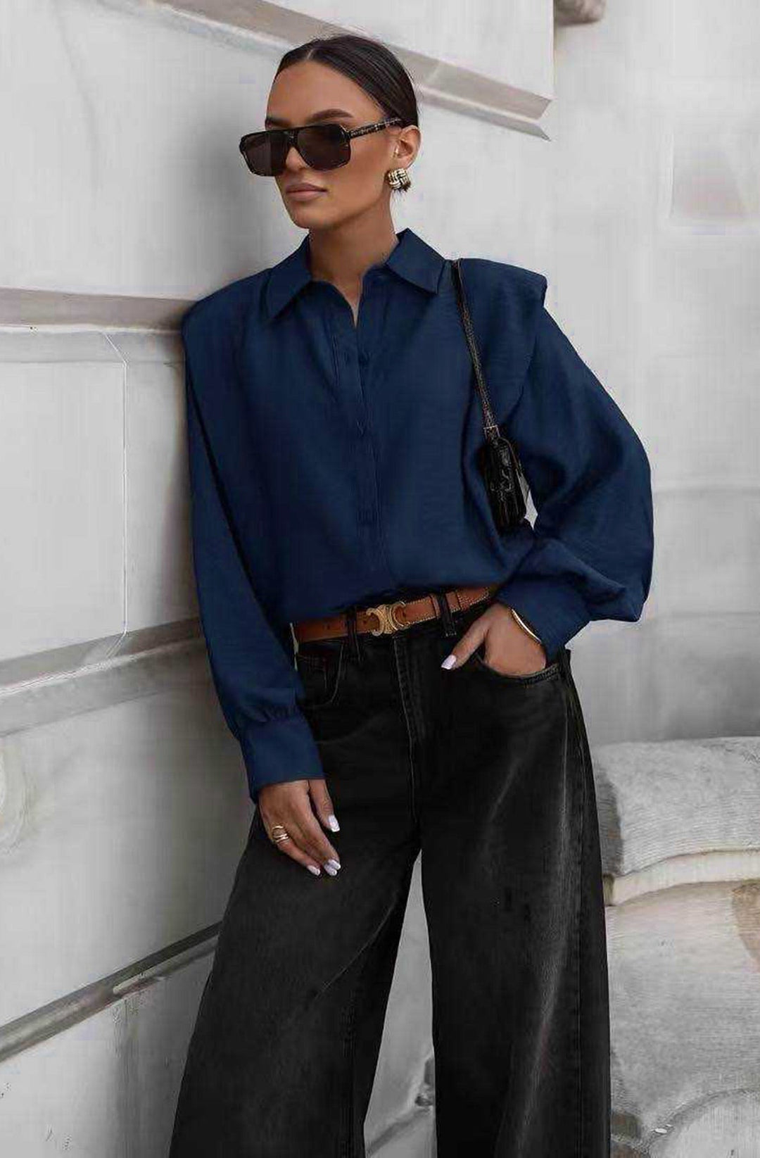 Arietta Padded Shoulders Panel Shirt Blouse-Navy
