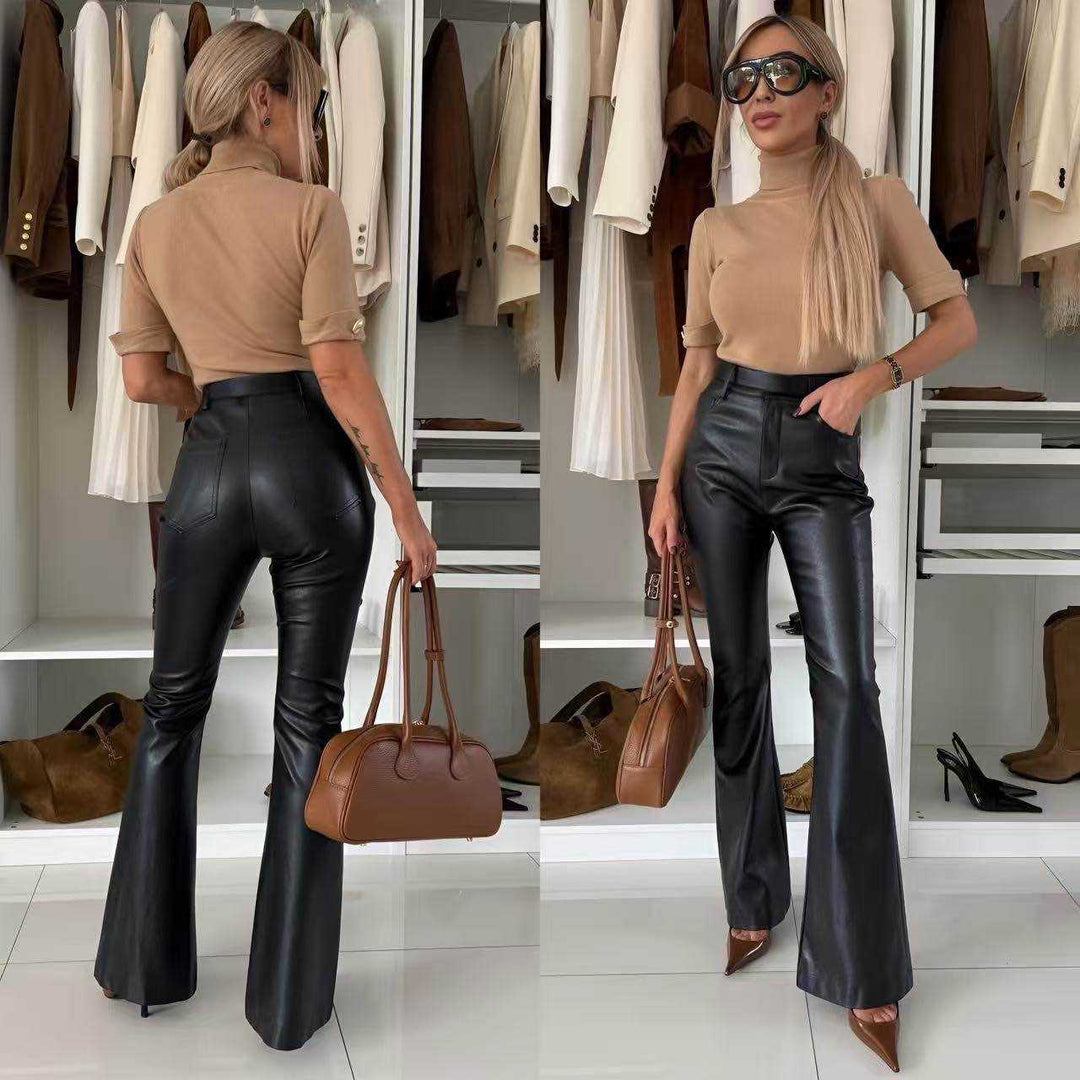 Elara Faux Leather Flare Trousers-Black