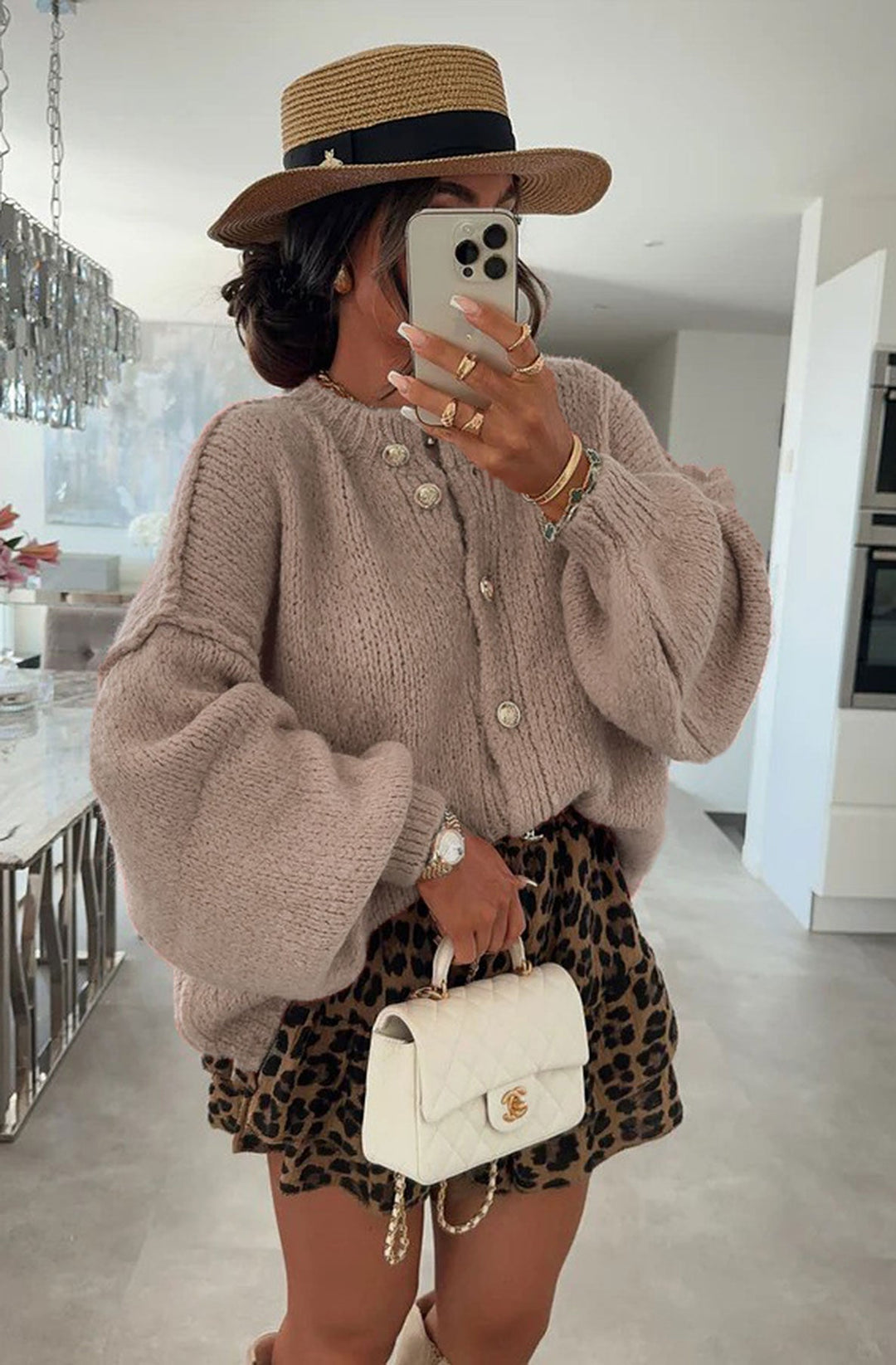 Amara Oversized Gold Button Cardigan-Camel