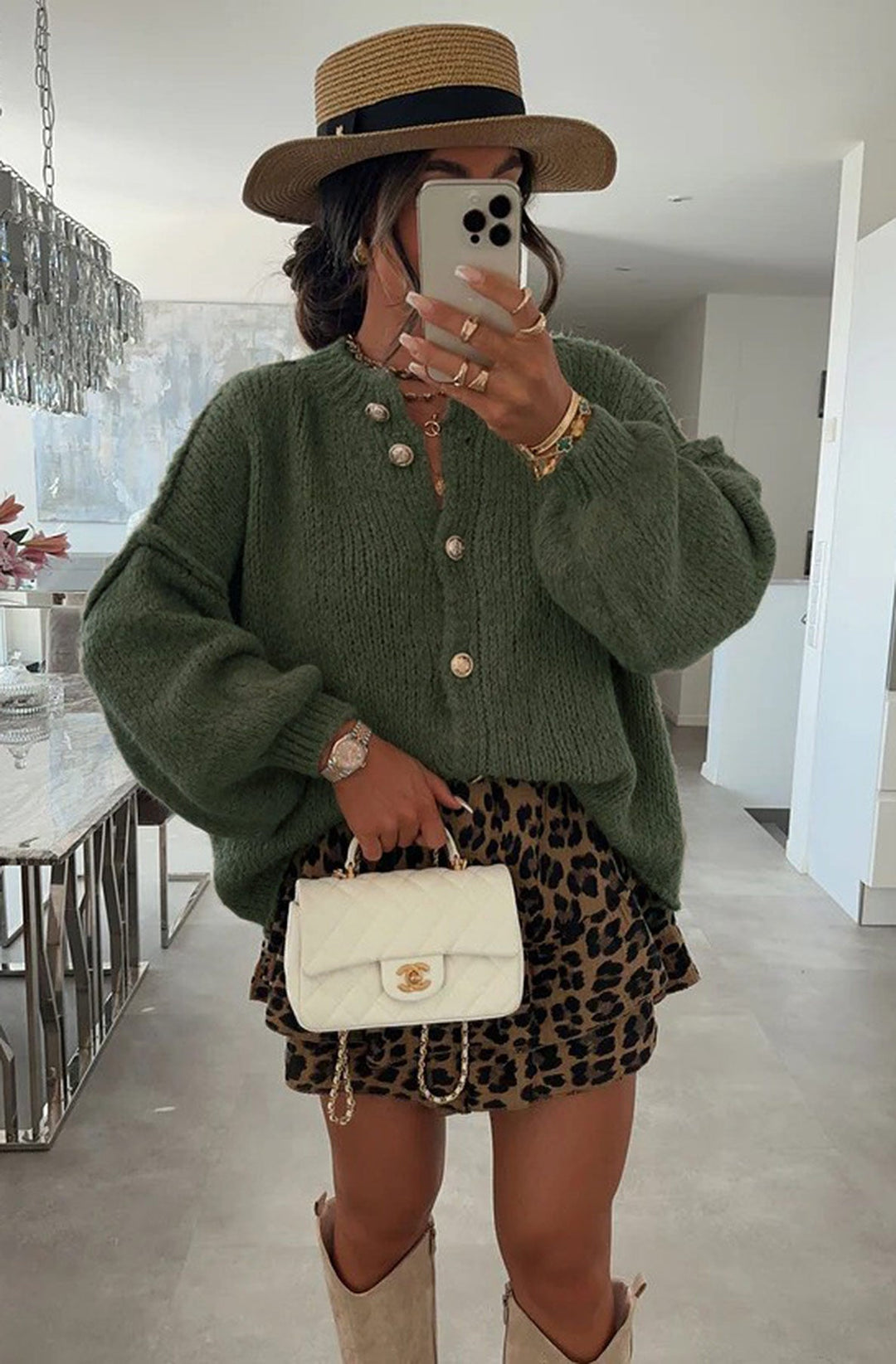 Amara Oversized Gold Button Cardigan-Khaki