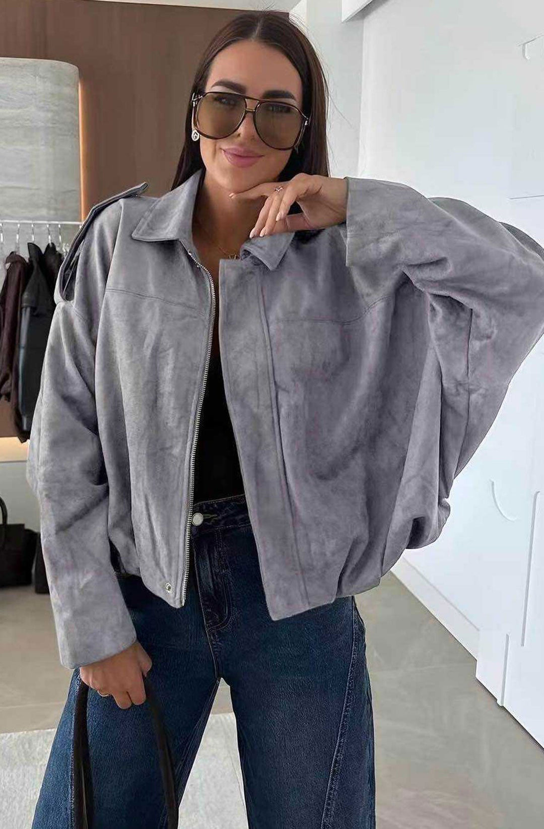Anika Oversized Suede Bomber Jacket–Grey