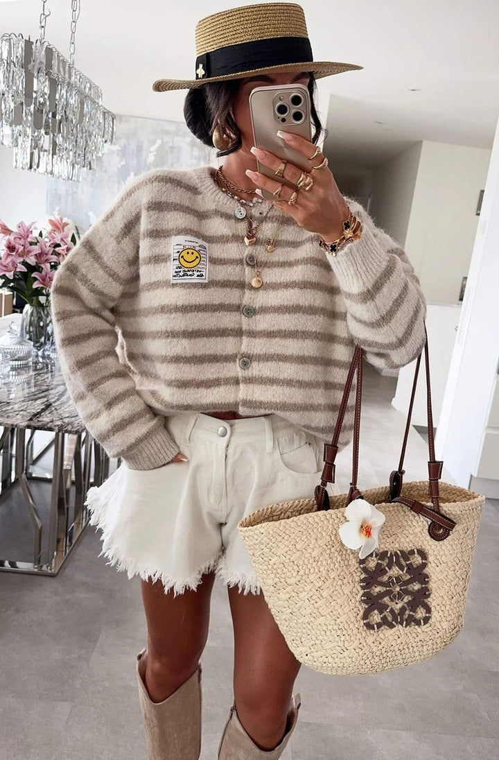 Annabelle Striped Cardigan-Stone