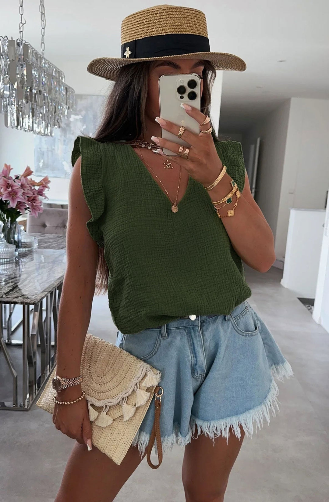 Aria Frill Sleeve Cotton Gauze Style Blouse Top-Khaki