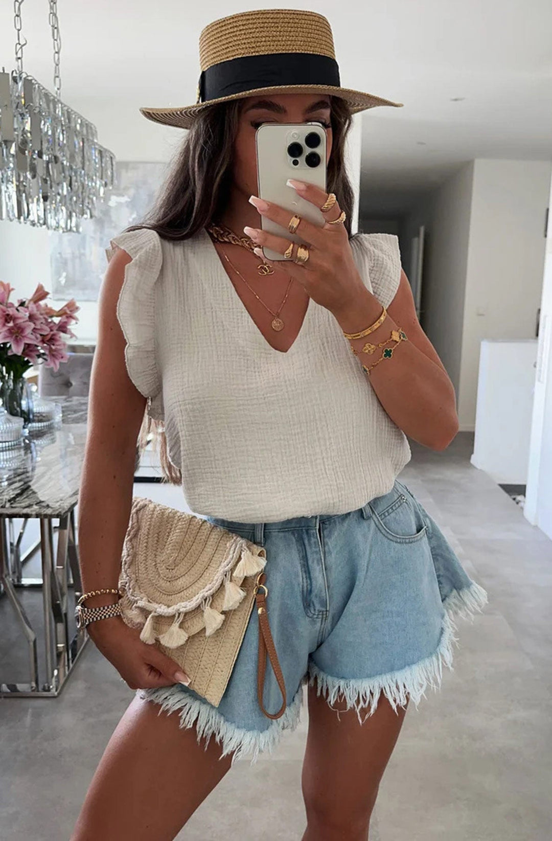 Aria Frill Sleeve Cotton Gauze Style Blouse Top-Stone