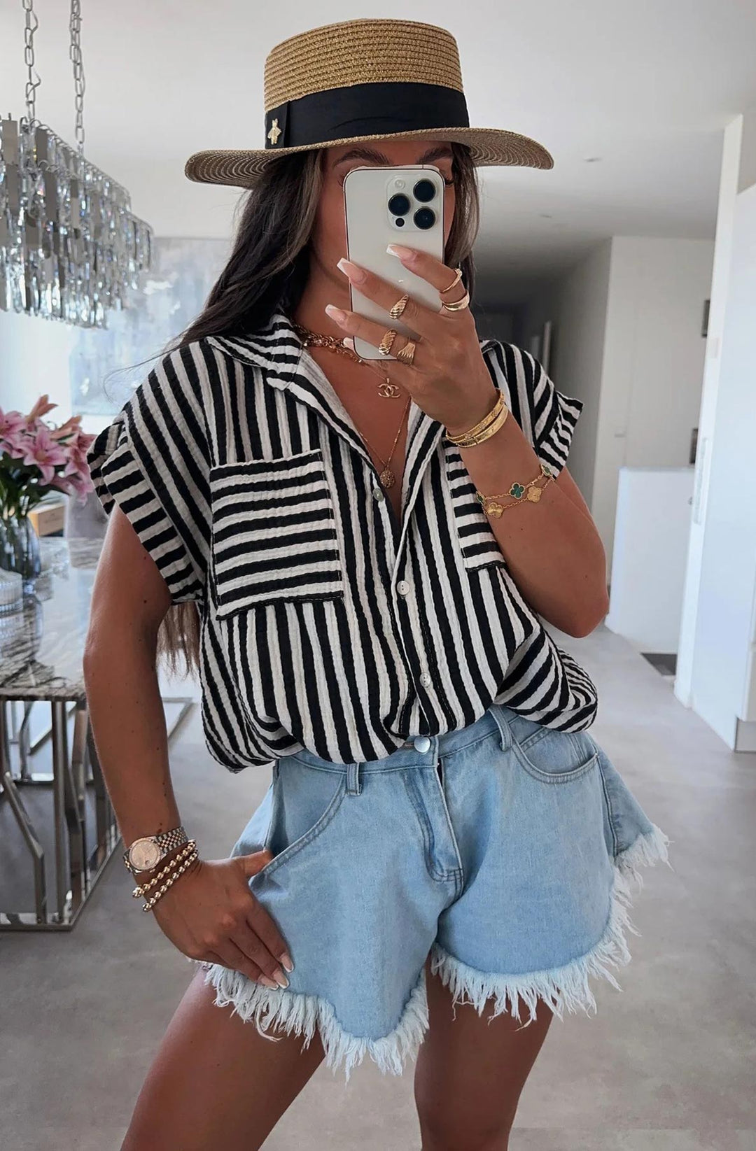 Brina Striped Pocket Detail Cotton Gauze Style Shirt Top-Black