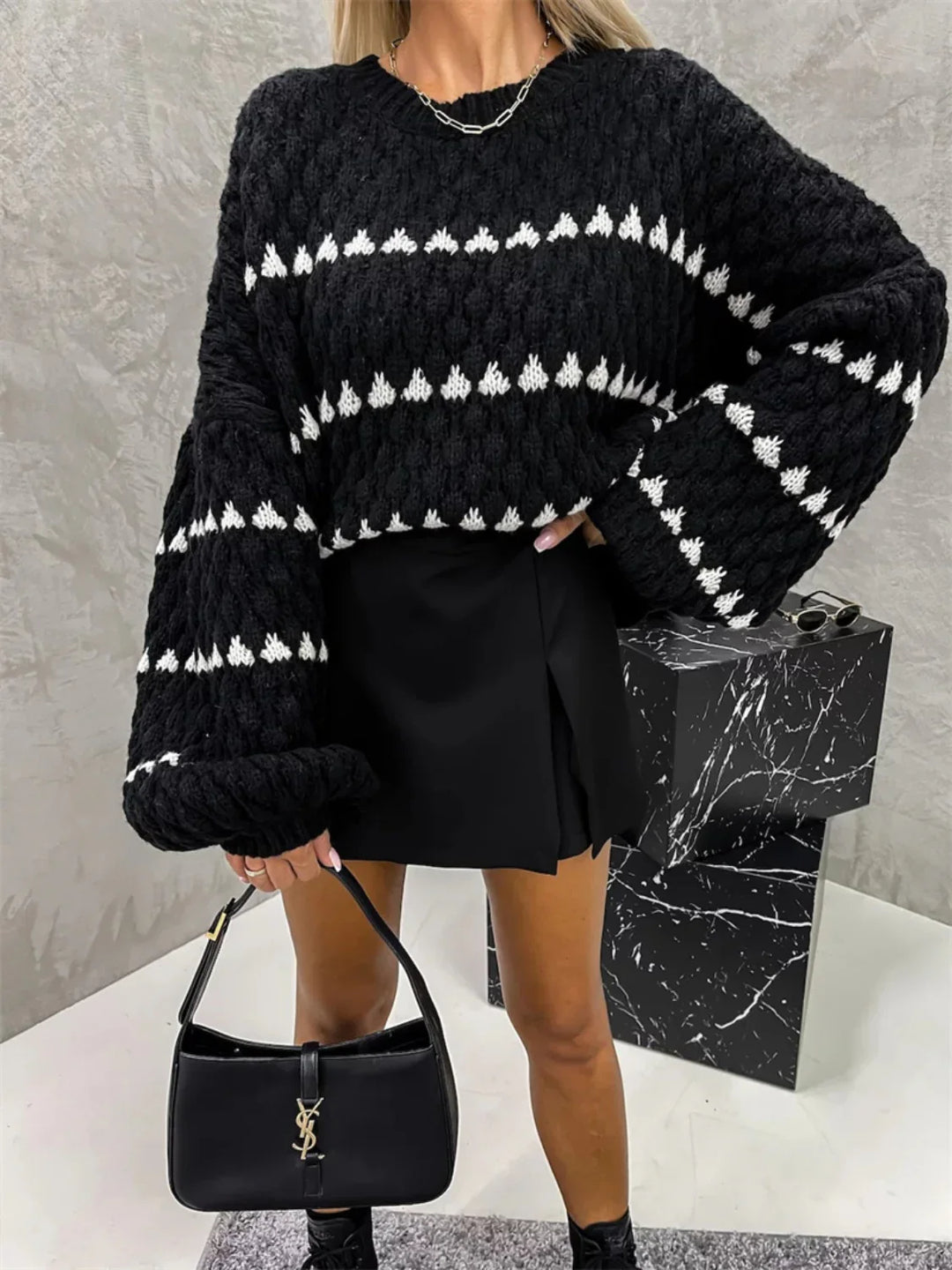 Jodie Patterned Knitted Jumper Sweater Top-Black