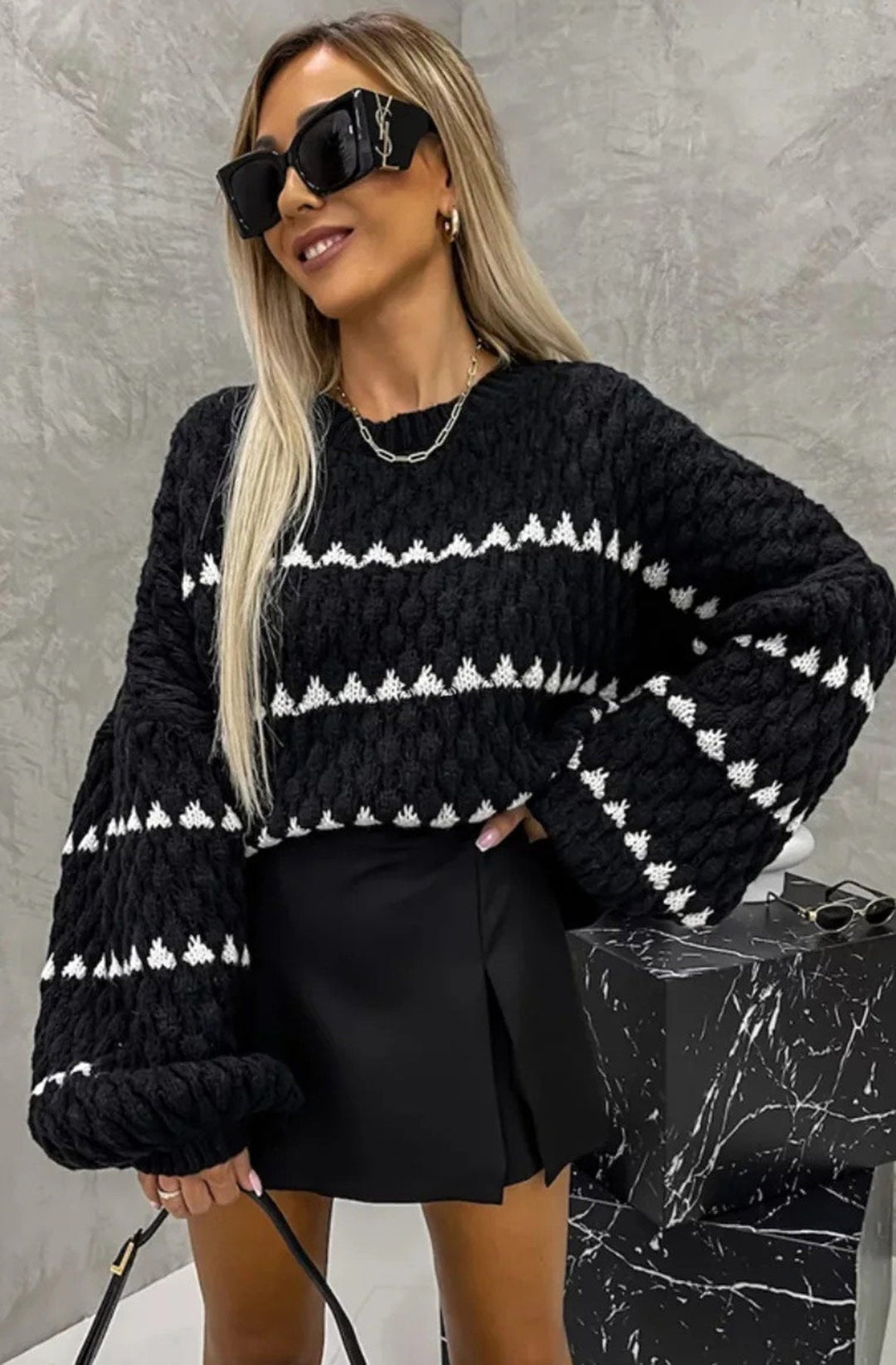 Jodie Patterned Knitted Jumper Sweater Top-Black