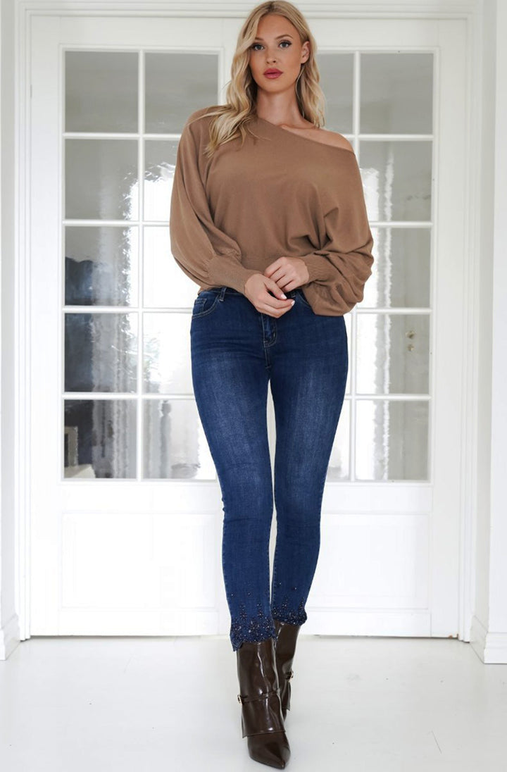 Kaia Batwing Style Light Knitted Jumper Sweater Top-Brown