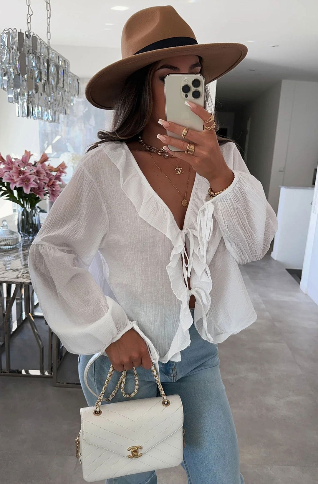 Karrie Frill Front Tie-Up Blouse Shirt Top-Ivory