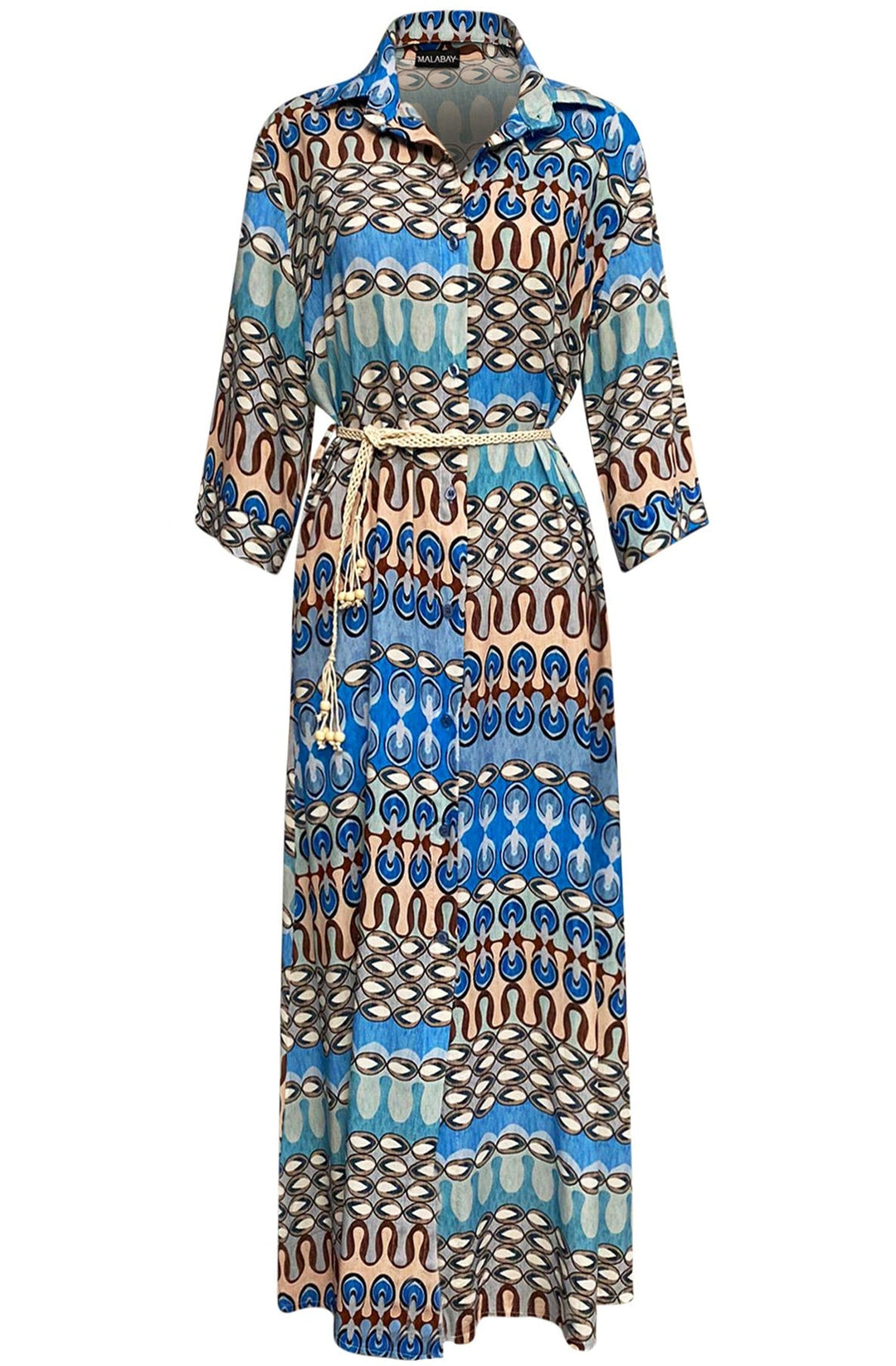 Leticia Belted Patterned Midaxi Shirt Dress-Blue