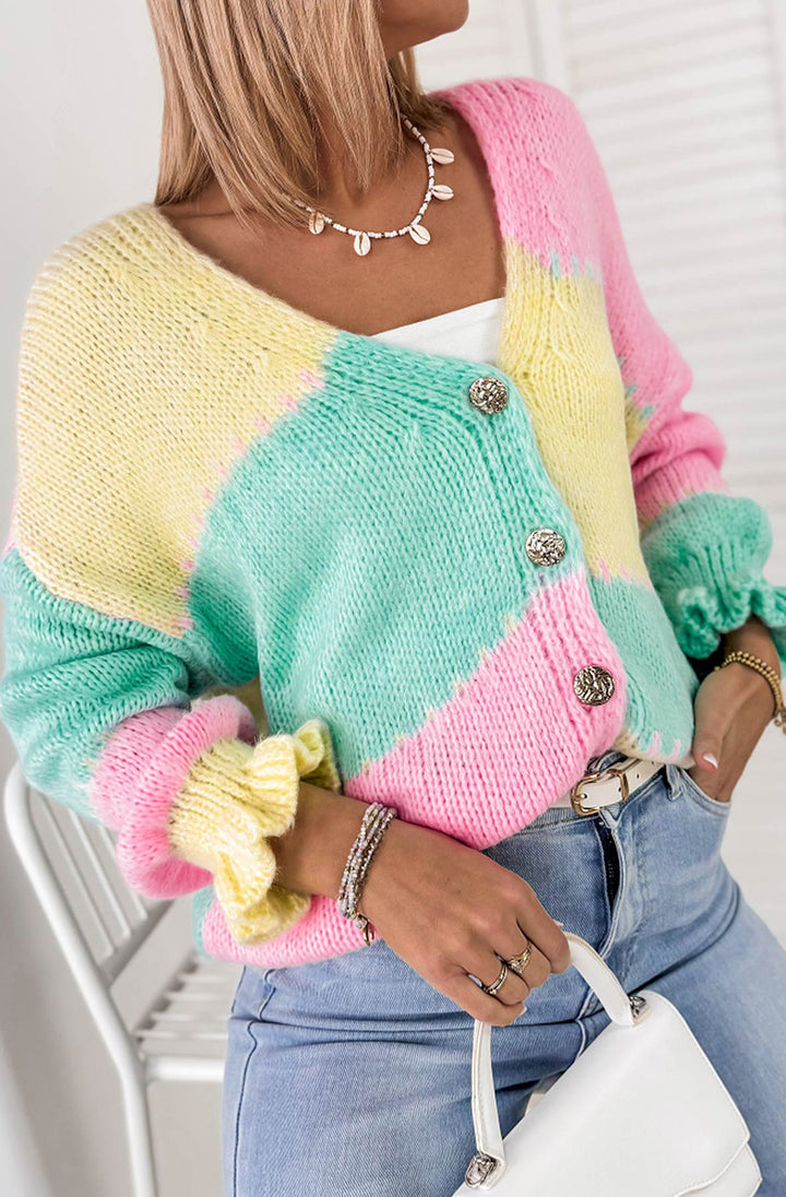 Lydia Colour Block Knitted Cardigan-Pink
