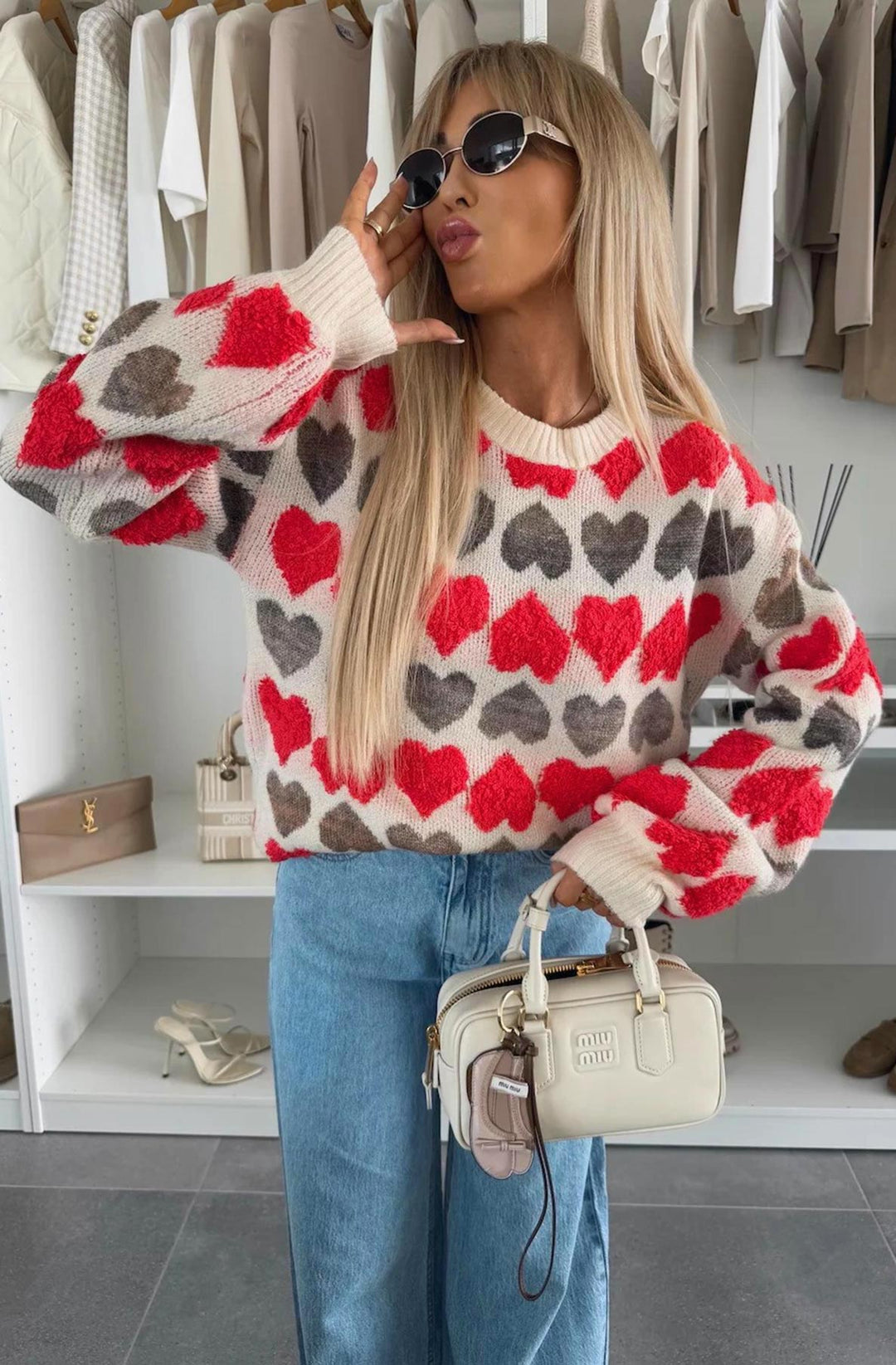 Mandie Contrast Heart Patterned Knitted Jumper-Red