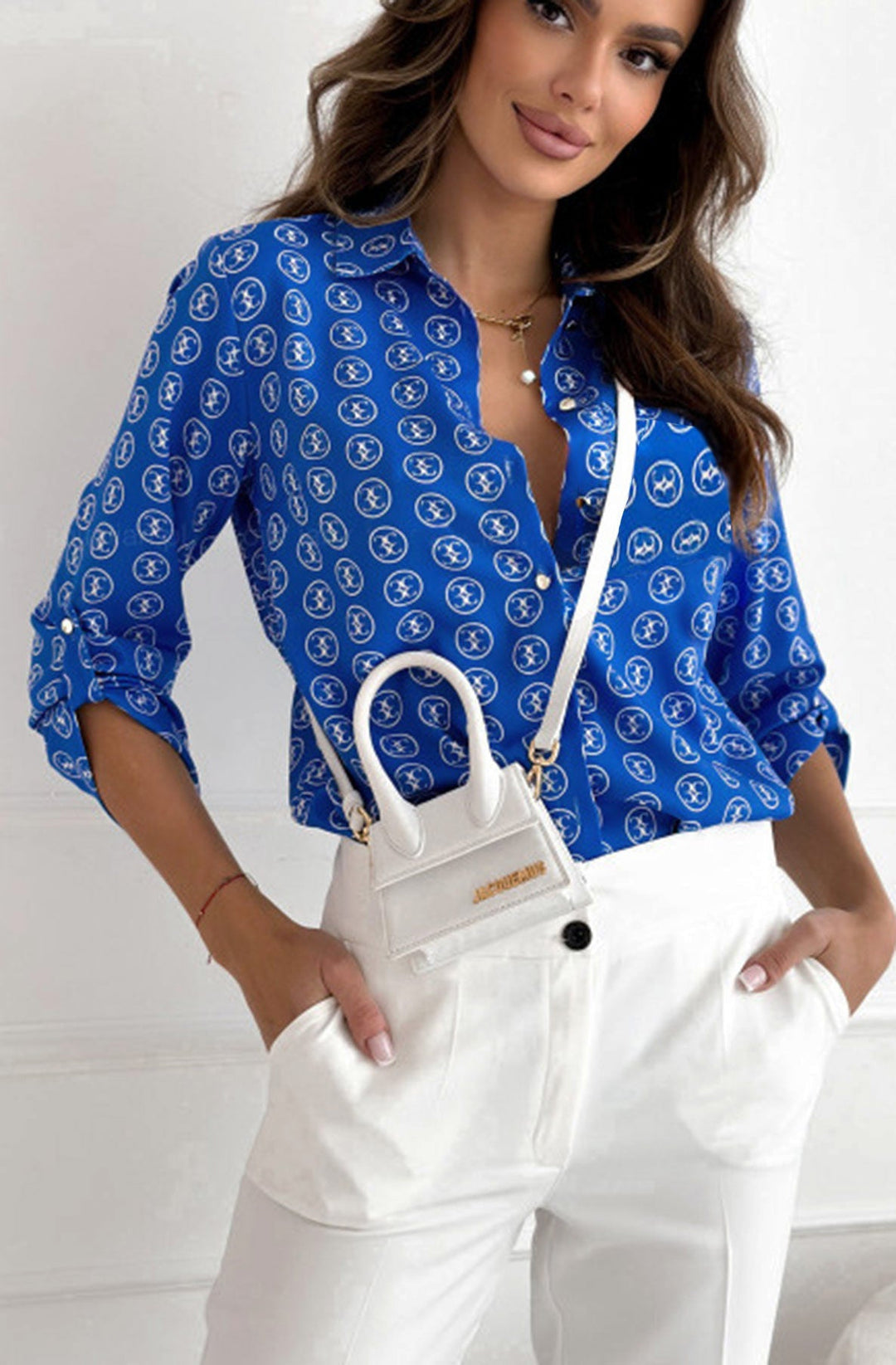 Mariya Geo Print Shirt Blouse Top-Royal Blue