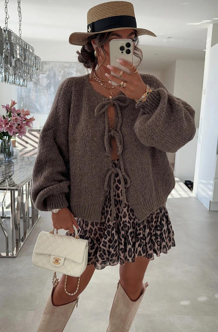 Meredith Tie-Up Knitted Cardigan-Brown