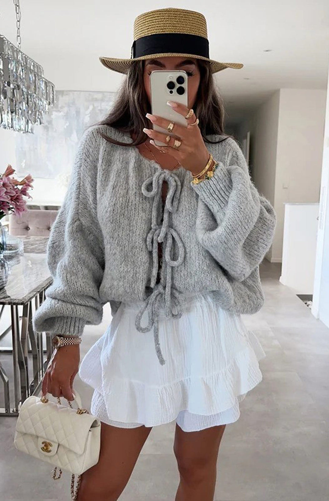 Meredith Tie-Up Knitted Cardigan-Grey