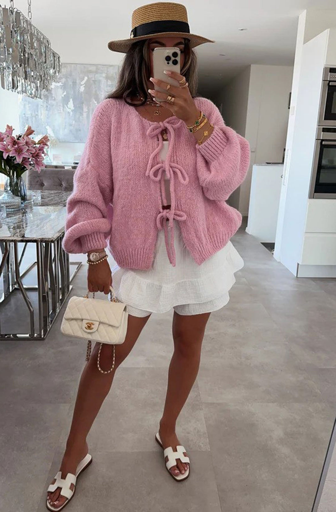 Meredith Tie-Up Knitted Cardigan-Pink