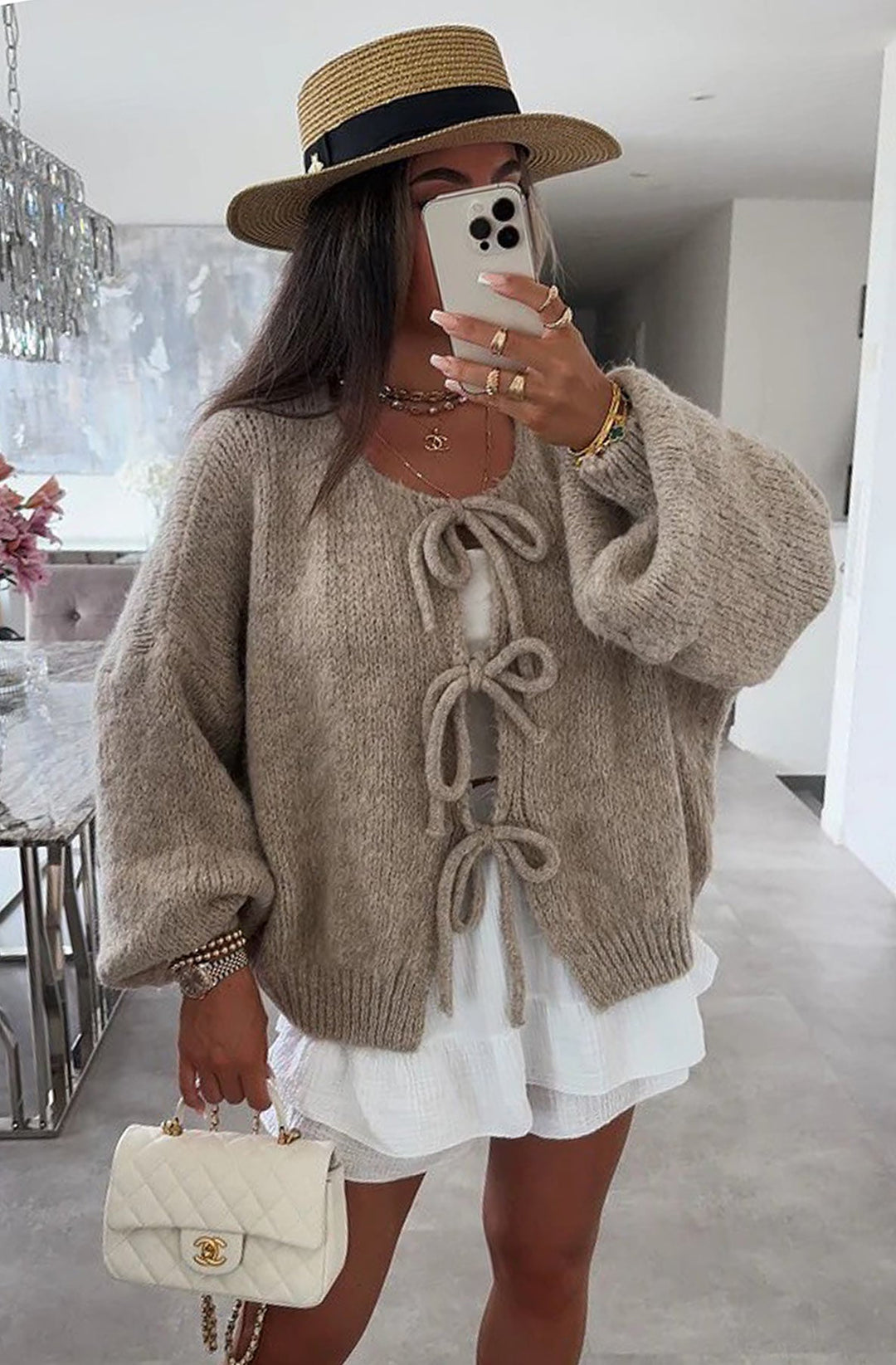 Meredith Tie-Up Knitted Cardigan-Stone