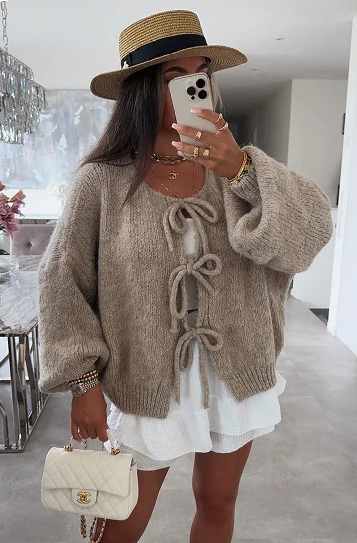 Meredith Tie-Up Knitted Cardigan-Stone