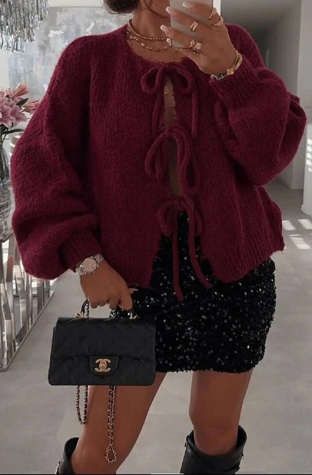 Meredith Tie-Up Knitted Cardigan-Wine