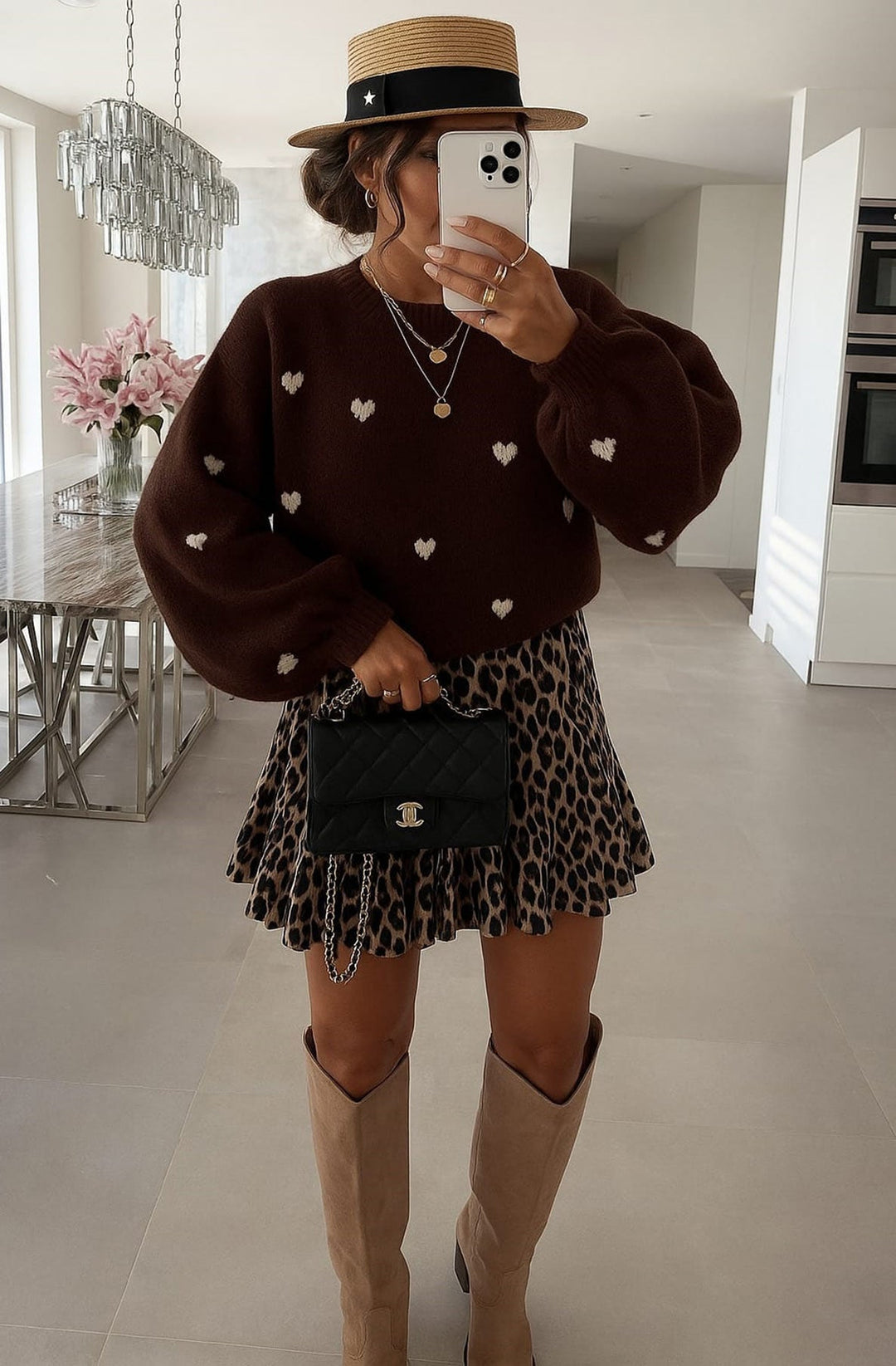 Merika 'Heart' Printed Knitted Jumper Sweater-Dark Brown