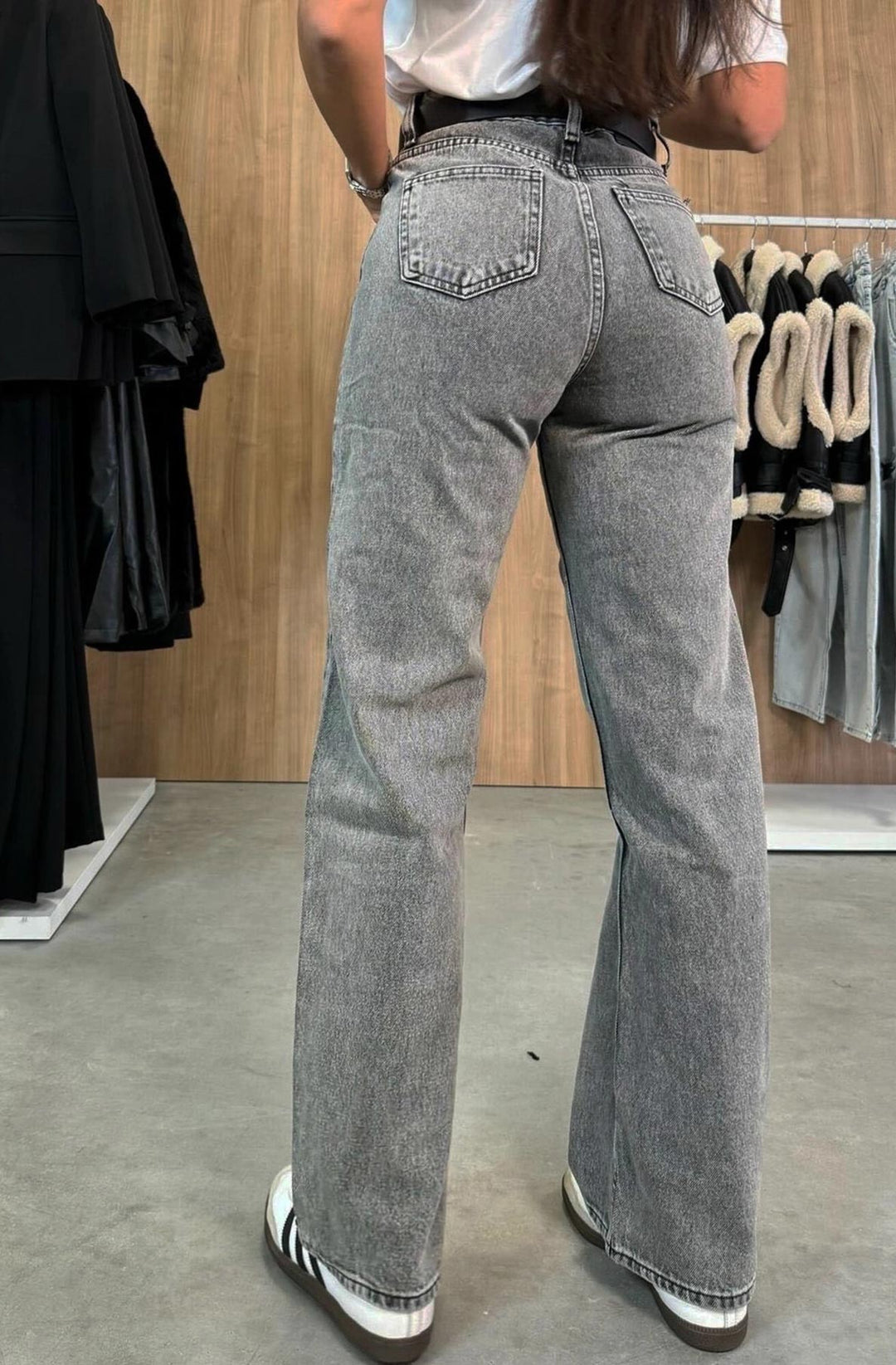 Nika Wide Leg Denim Jeans-Grey