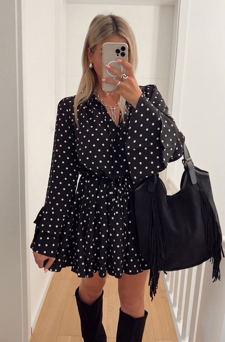 Ophilia Frill Polka Dot Mini Dress-Black