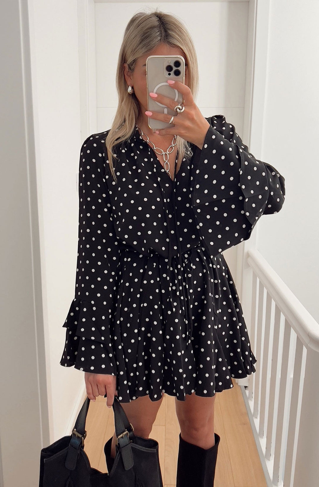 Ophilia Frill Polka Dot Mini Dress-Black