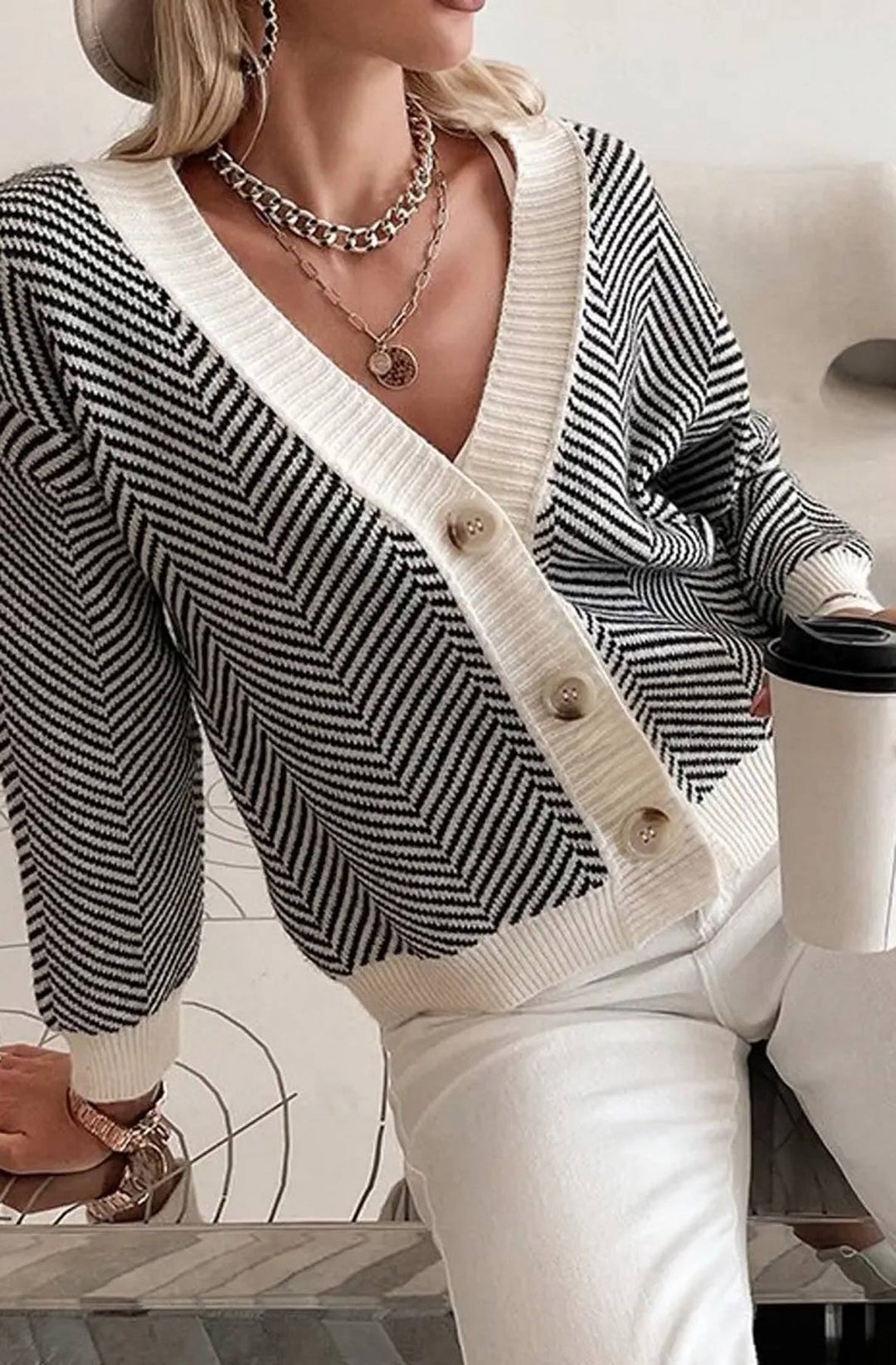 Penelope Contrast Striped Knitted Cardigan-Ivory