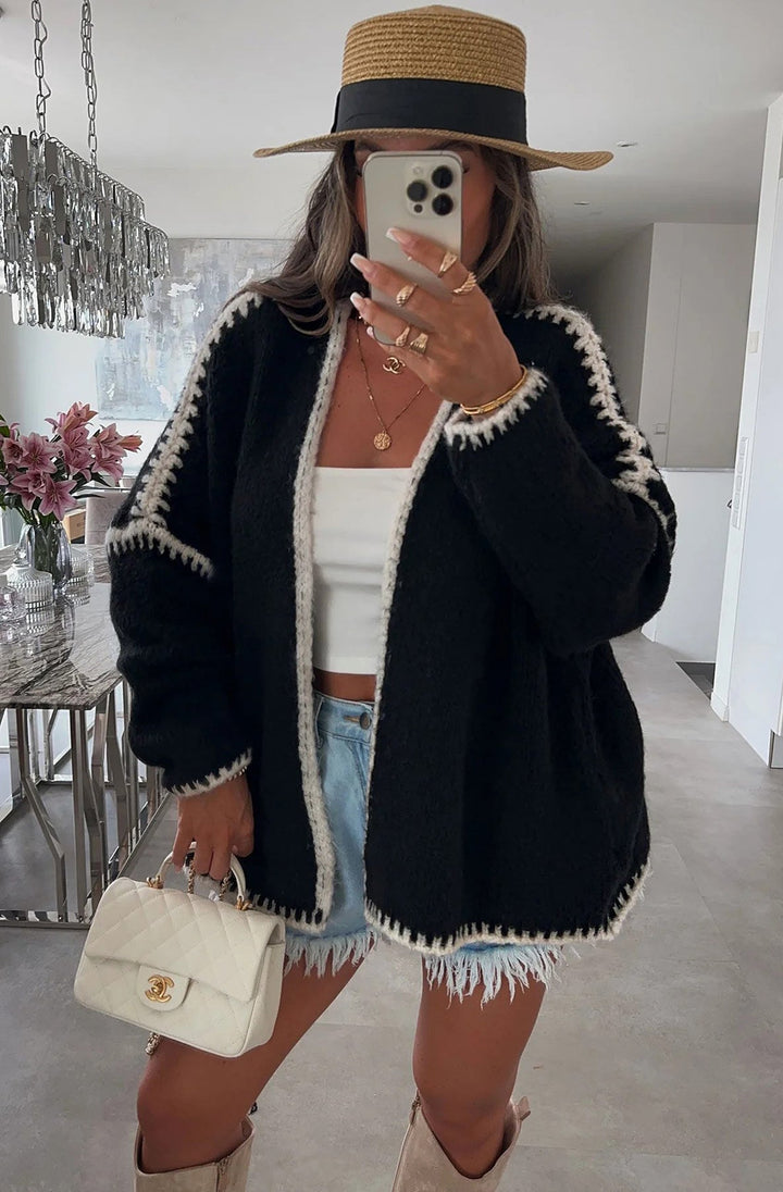 Sadie Contrast Knitted Cardigan-Black