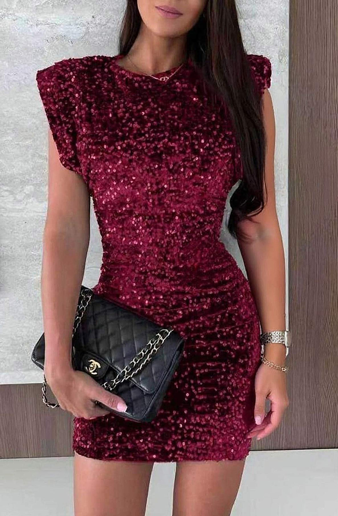 Seraphina Sequin Shoulder Pad Mini Dress-Wine