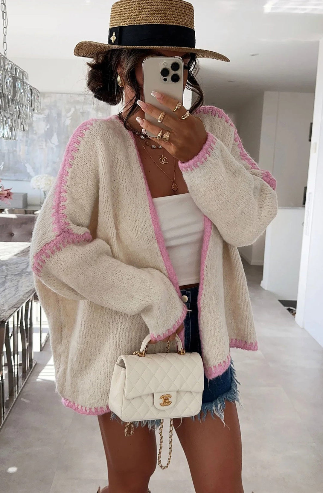 Shania Contrast Knitted Cardigan-Pink