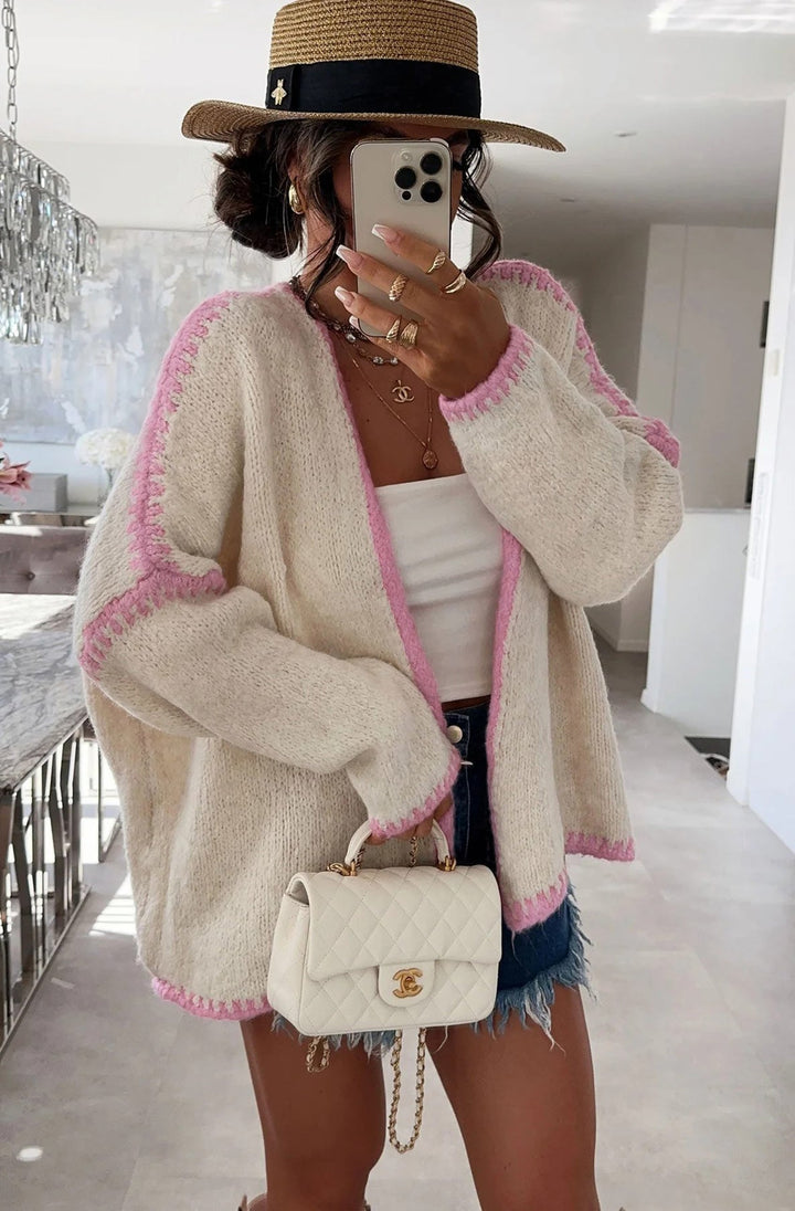 Shania Contrast Knitted Cardigan-Pink