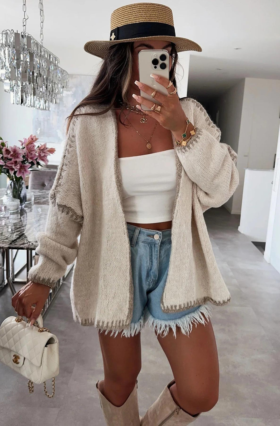 Shania Contrast Knitted Cardigan-Stone