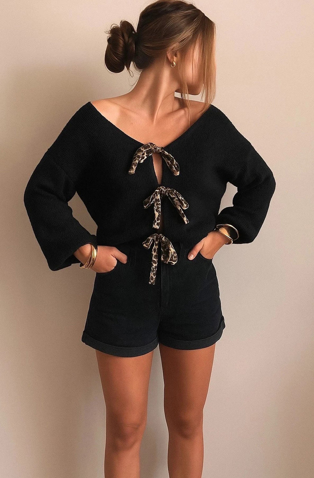 Stephanie Leopard Tie-Up Knitted Cardigan-Black