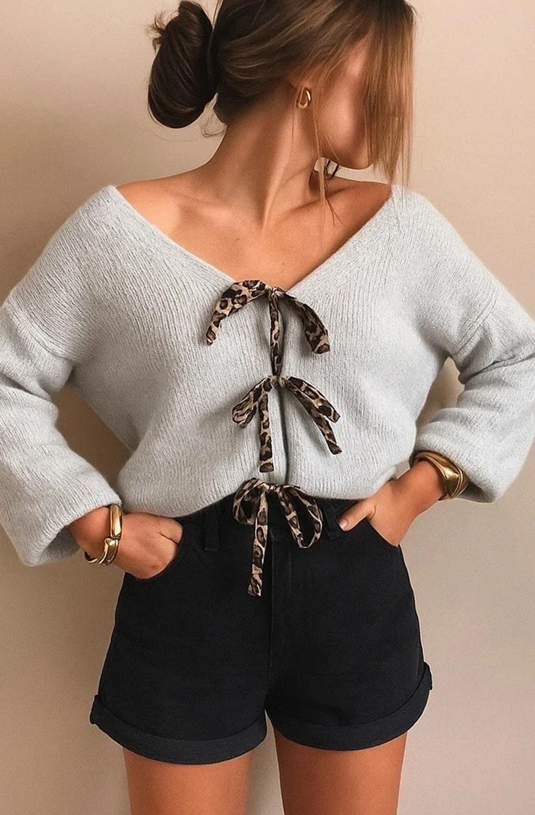 Stephanie Leopard Tie-Up Knitted Cardigan-Grey