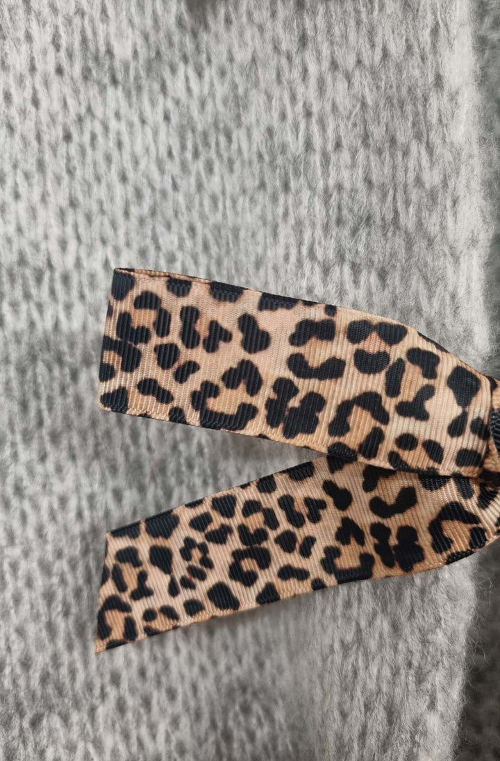 Stephanie Leopard Tie-Up Knitted Cardigan-Grey
