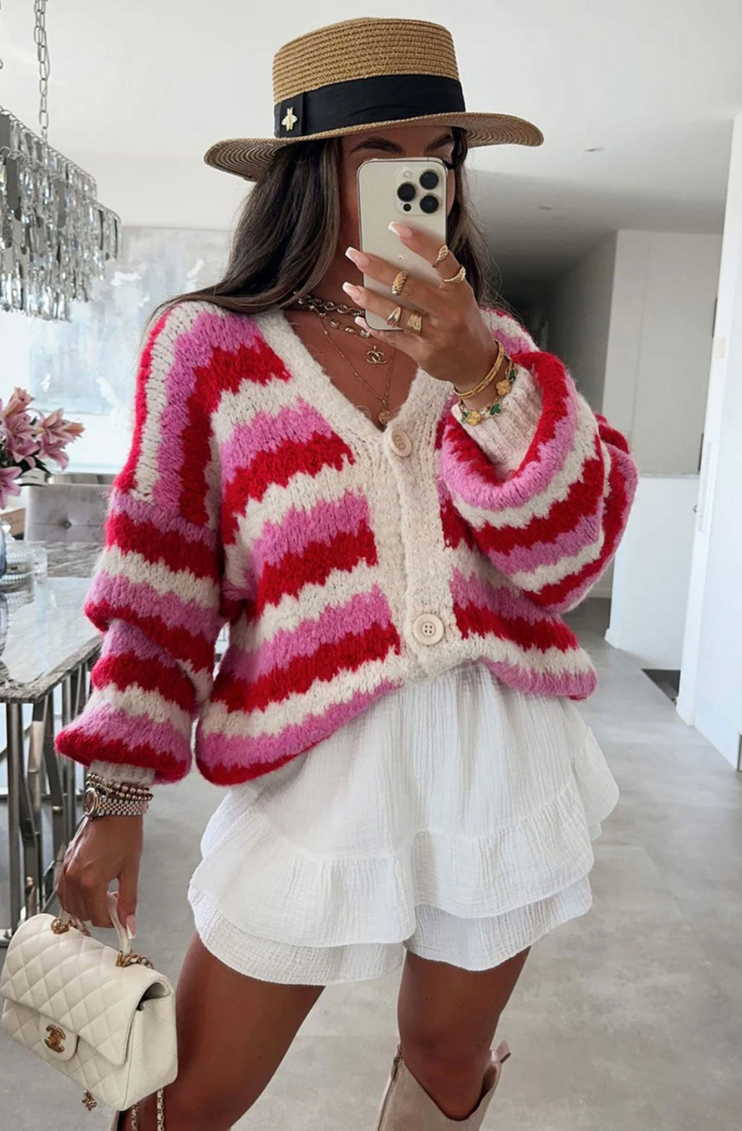 Tamara Contrast Patterned Knitted Cardigan-Red