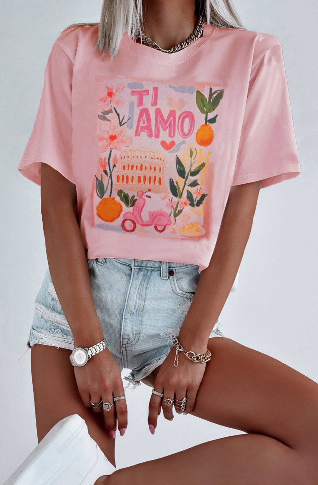 Ti Amo Graphic Print T-Shirt-Dusty Pink