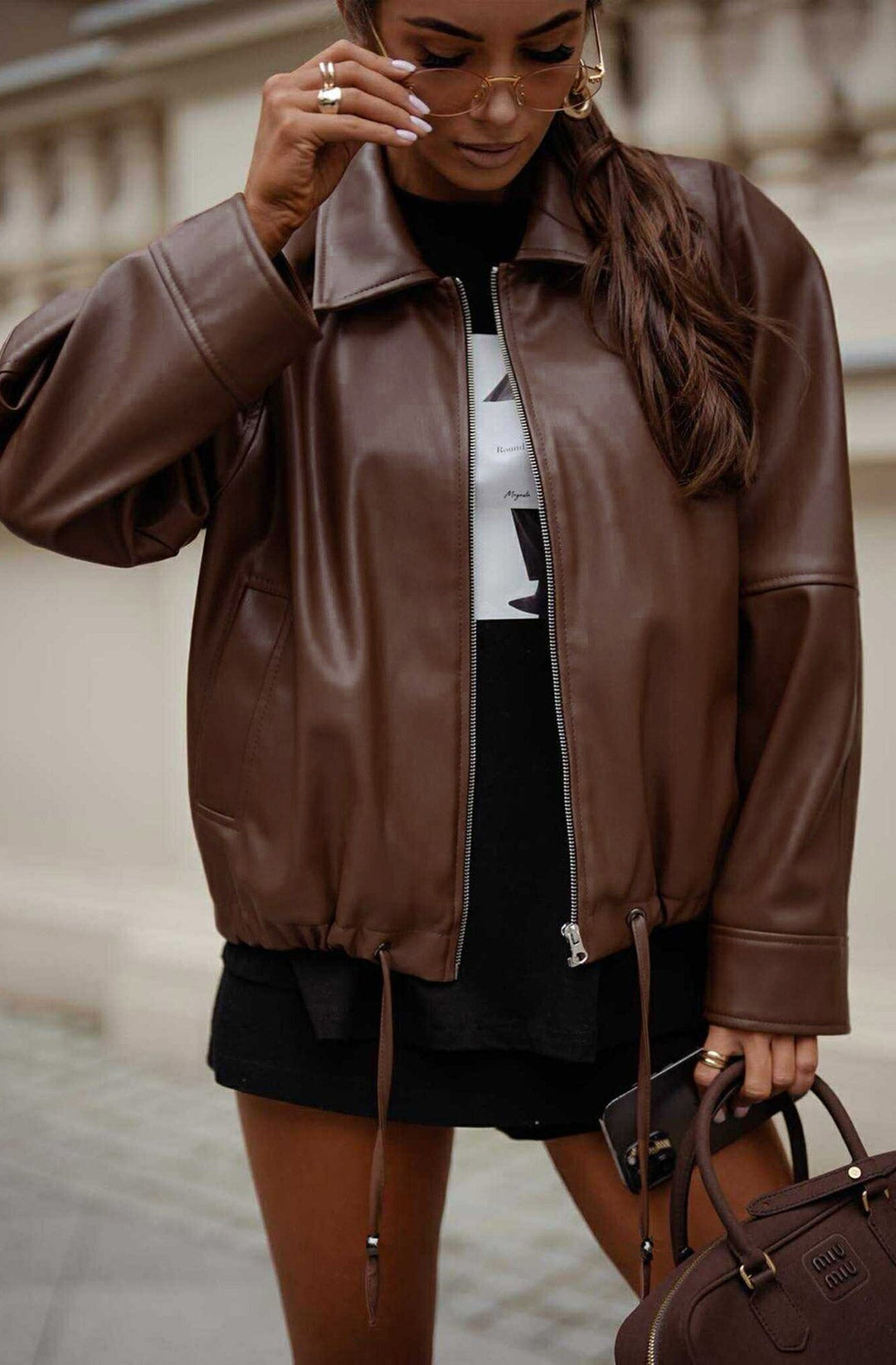 Windy PU Faux Leather Zip Jacket-Brown