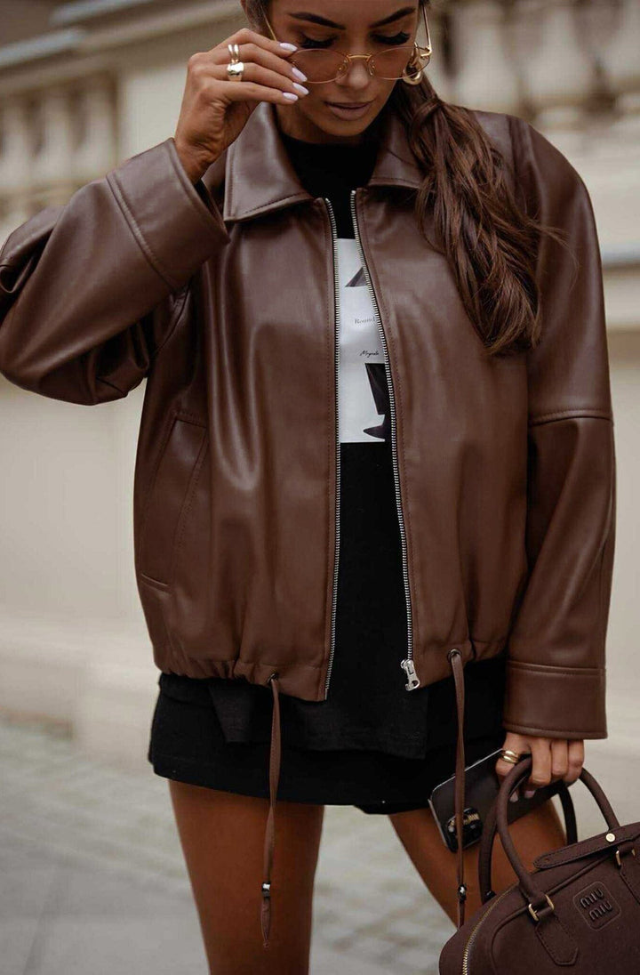 Windy PU Faux Leather Zip Jacket-Brown