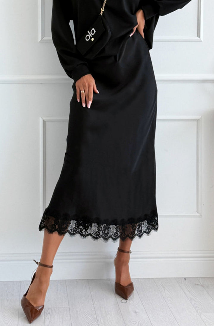 Zabrina Satin Lace Trim Midi Skirt-Black