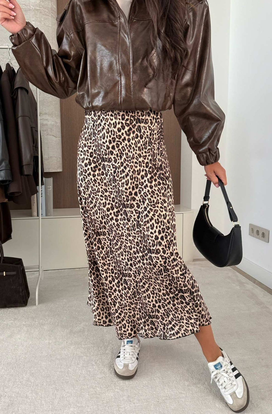 Zara Satin Leopard Print Midaxi Skirt-Brown