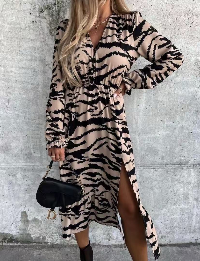Vionara Animal Print Long Sleeve Viscose Dress-Stone