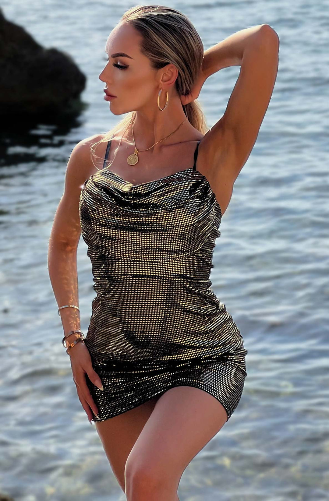 Ronda Metallic Sequin Shimmer Bodycon Mini Dress-Gold