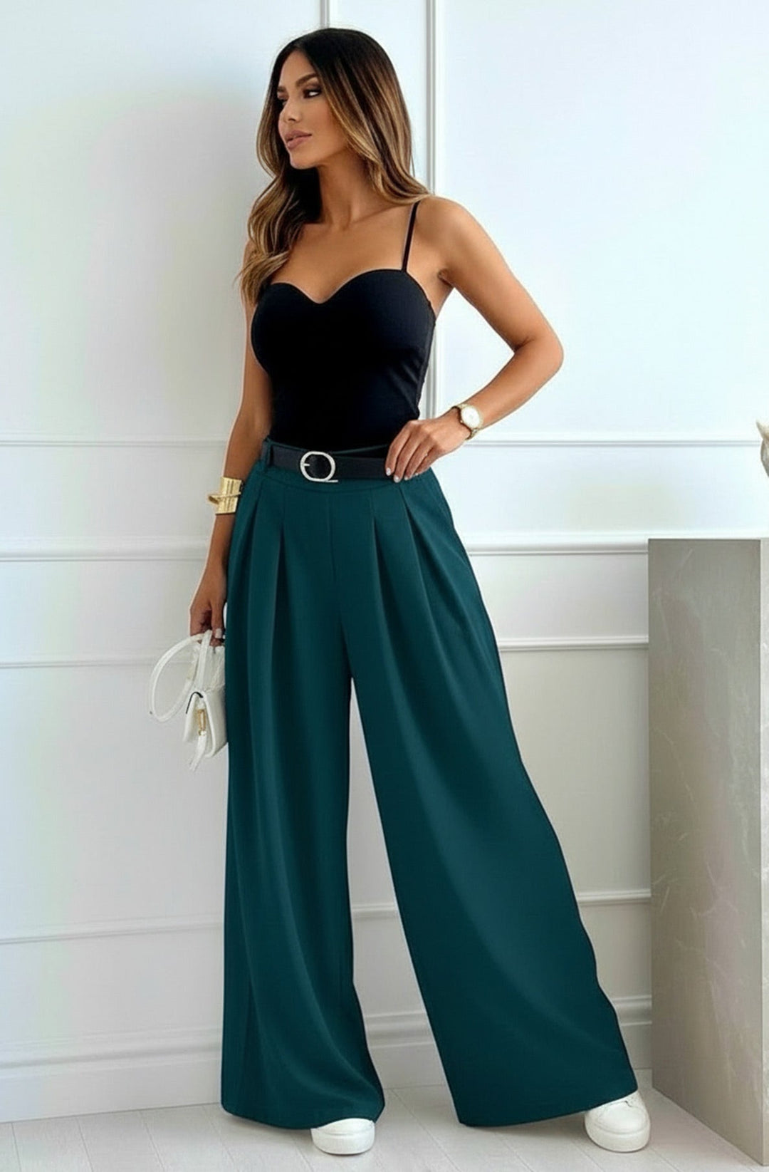 Alessia Palazzo Wide Leg Belted Trousers-Teal