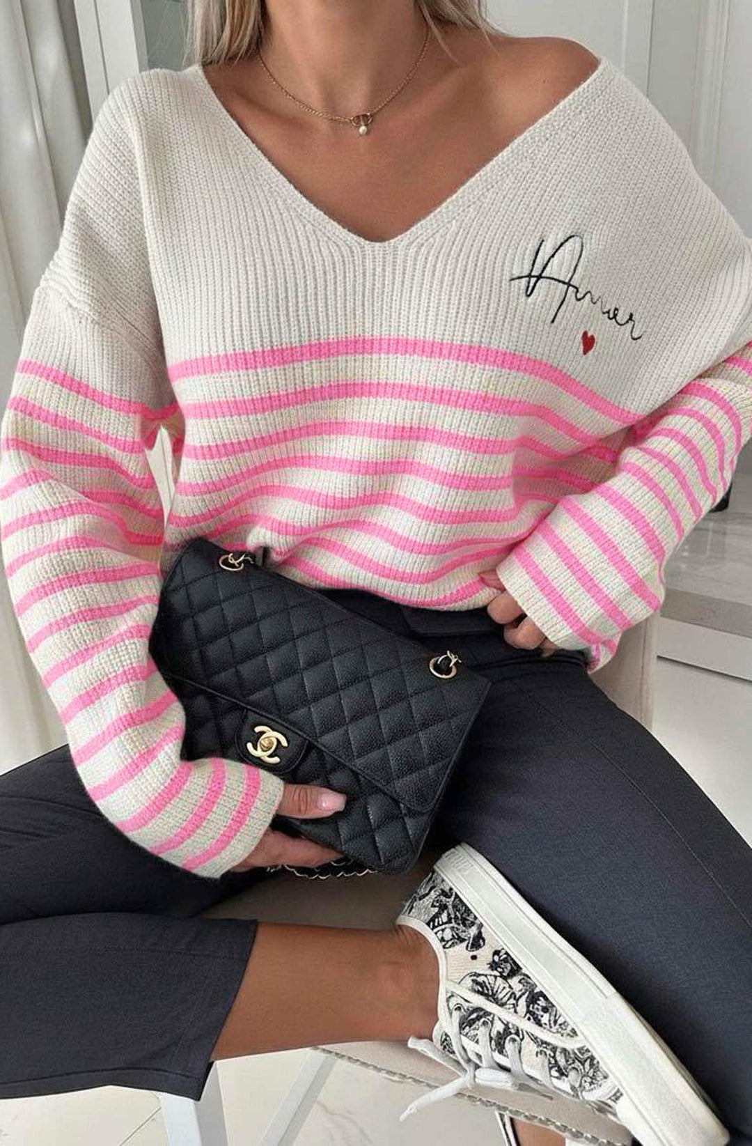 Alisa Striped 'AMOR' Knitted Jumper Sweater Top-Baby Pink