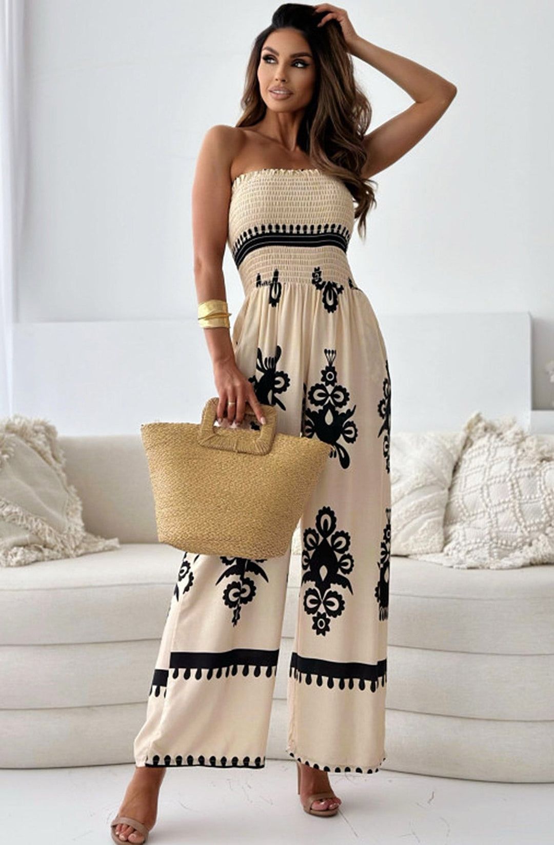 Aliyah Bandeau Shirred Wide Leg Jumpsuit-Stone