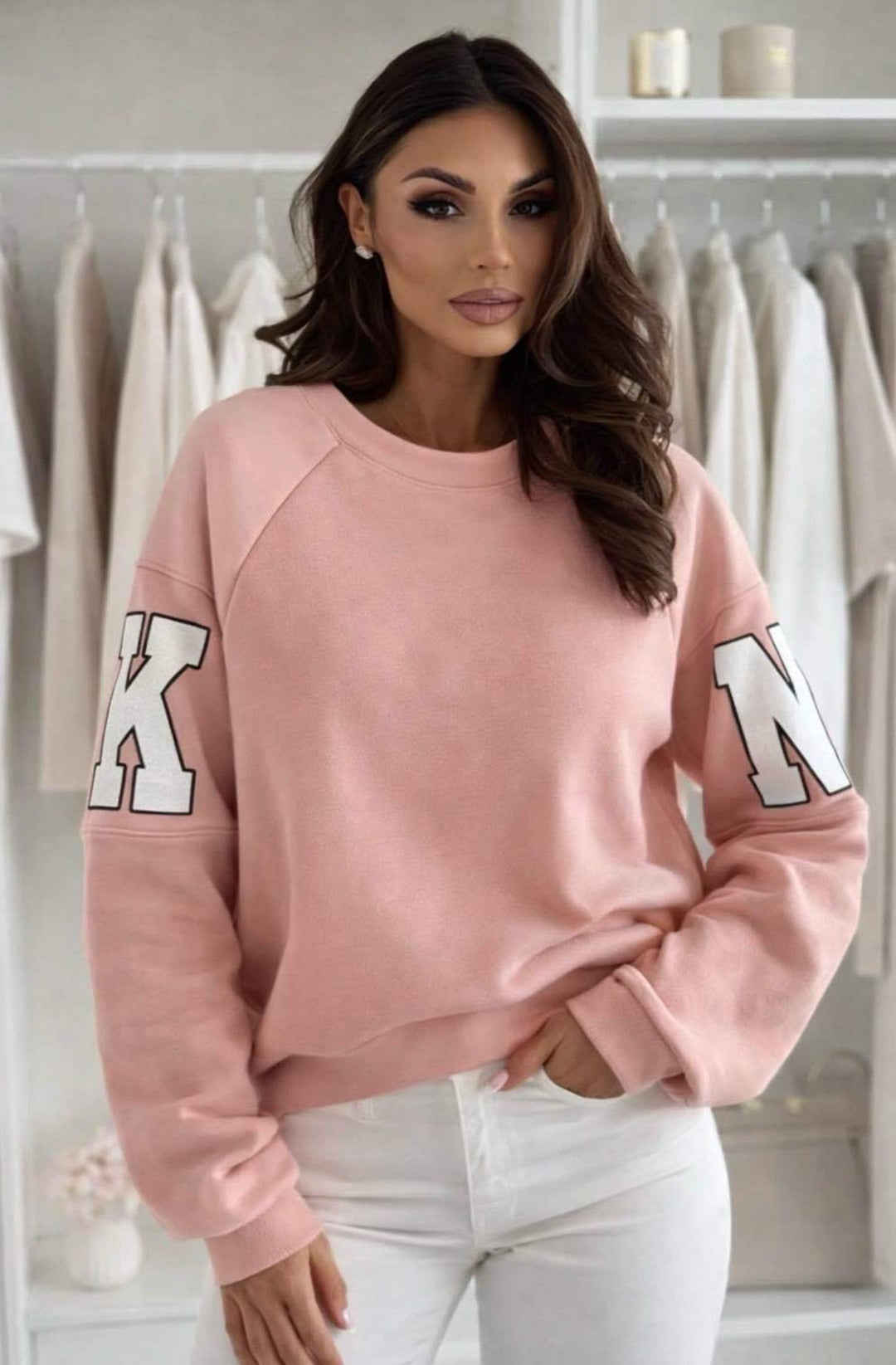 Amber ‘RKNE’ Oversized Raglan Letter Sleeve Sweatshirt Top-Pink