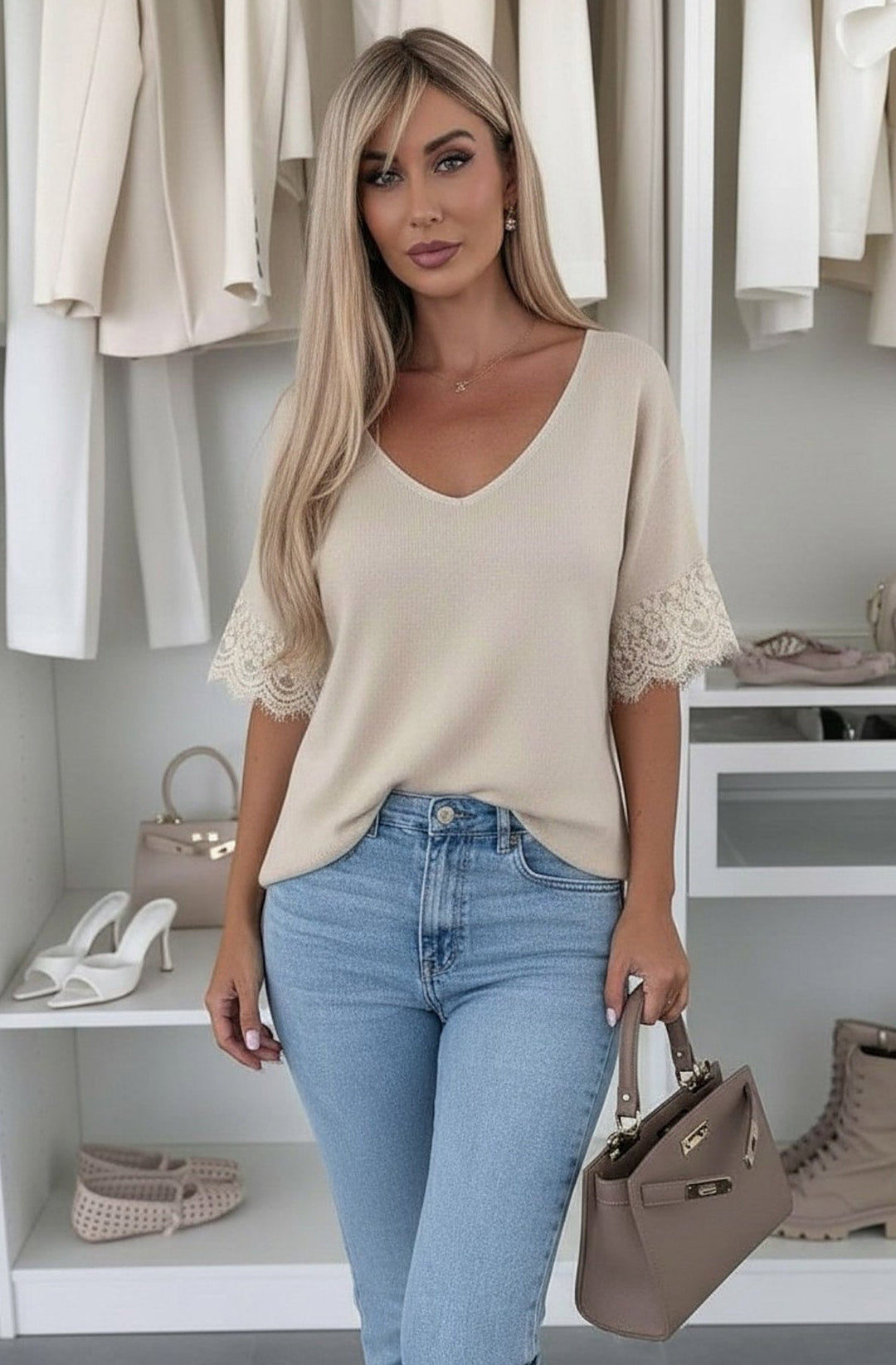 Amina Lightweight  V-Neck Lace Sleeve Knit Top-Stone