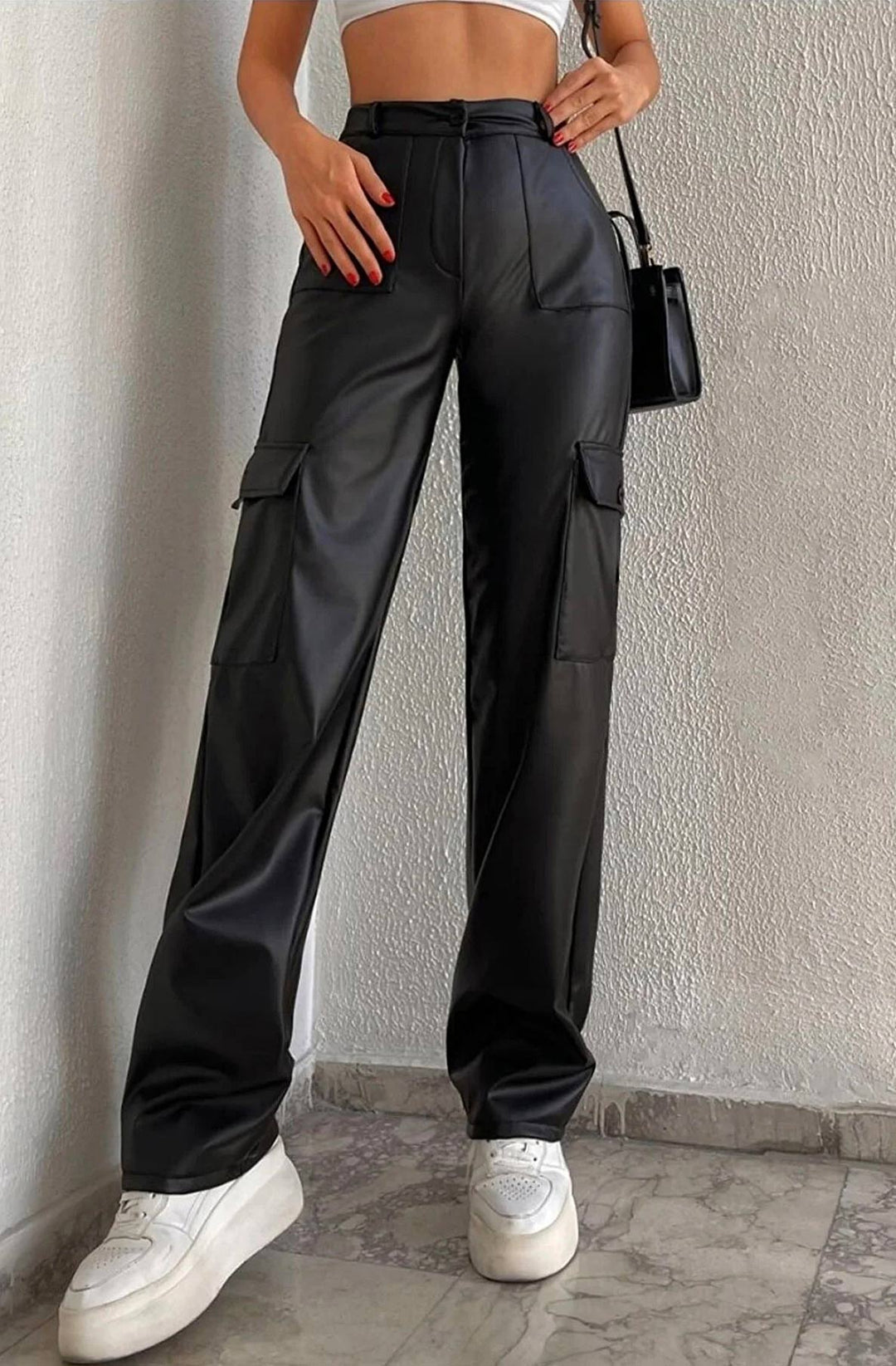 Angie PU Leatherette Wide Leg Cargo Trousers-Black